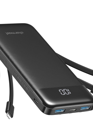Charmast 10000mAh External Battery – Slim Portable Power Bank with 4 Built-in Cables, 6 Outputs & 3 Inputs, USB-C Compatible for iPhone 12/13/11, Samsung S21/S22