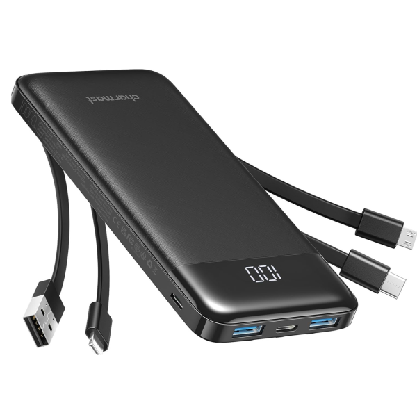 Charmast 10000mAh External Battery – Slim Portable Power Bank with 4 Built-in Cables, 6 Outputs & 3 Inputs, USB-C Compatible for iPhone 12/13/11, Samsung S21/S22