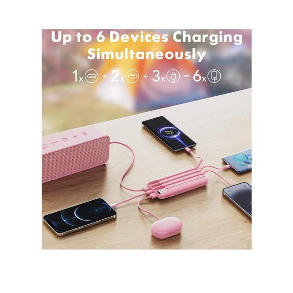 Charmast 10000mAh Power Bank with Built-in Cables – Portable USB-C External Battery with 6 Outputs, 3 Inputs & LED Display – Compatible with Smartphones, Tablets & More (Pink) – Image 2