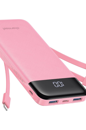 Charmast 10000mAh Power Bank with Built-in Cables – Portable USB-C External Battery with 6 Outputs, 3 Inputs & LED Display – Compatible with Smartphones, Tablets & More (Pink)