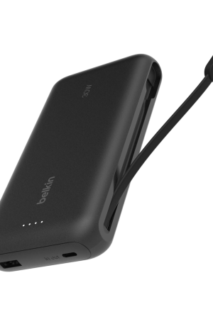 Belkin 20000mAh Power Bank – Portable External Battery with Built-in Cable, 30W USB-C Power Delivery Fast Charging for iPhone 16 Series, iPad Pro, Galaxy S25 & More (Black)
