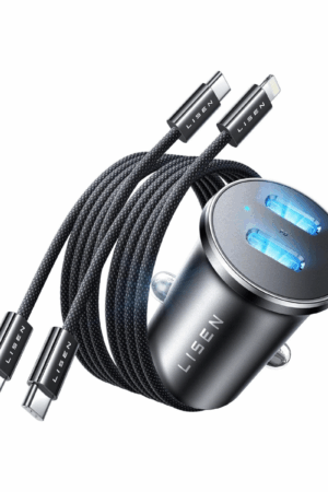 LISEN – Chargeur allume-cigare voiture 90 W USB-C – Câble résistant inclus, ports USB-C & Lightning – Charge rapide 12 V – Compatible iPhone 16/15/14/13/12/11 Pro Max et Samsung Galaxy S25/S24