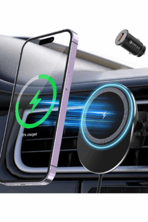 Chargeur voiture sans fil MagSafe 15W – Support magnétique pour iPhone 15/14/13/12 – Fixation grille d’aération ou tableau de bord – Kit chargeur auto avec prise allume-cigare