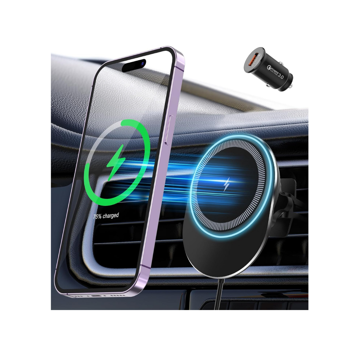 Chargeur voiture sans fil MagSafe 15W – Support magnétique pour iPhone 15/14/13/12 – Fixation grille d’aération ou tableau de bord – Kit chargeur auto avec prise allume-cigare