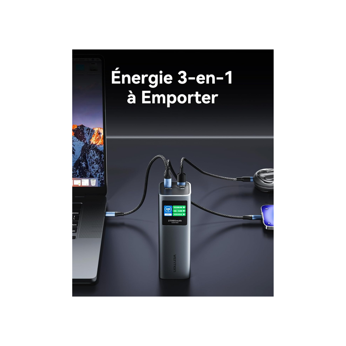 VENTION – Batterie externe 27 000 mAh – Power Bank 140W PD3.1 avec 3 ports & écran digital intelligent – Chargeur portable compatible MacBook Pro/Dell/HP, iPhone 16/15/14/13, iPad Pro, Galaxy S24 – Image 2