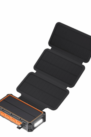 Batterie externe solaire 20 000 mAh – Chargeur portable avec panneau solaire, sortie USB & lampe LED – Station de charge étanche avec torche intégrée