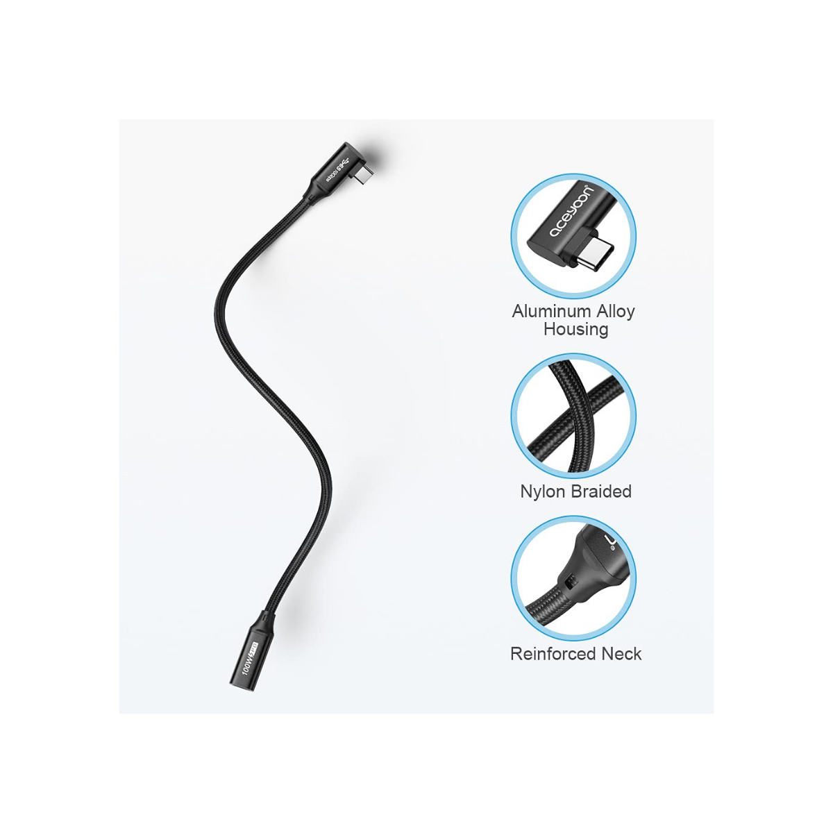 aceyoon – Câble d’extension USB-C 3.2 Gen 2 – 50 cm – Charge rapide 100 W / 5A, transfert 10 Gbps, vidéo 4K@60Hz – Connecteur coudé USB-C mâle/femelle – Compatible MacBook Pro, Galaxy S22/S21/S10 – Image 2