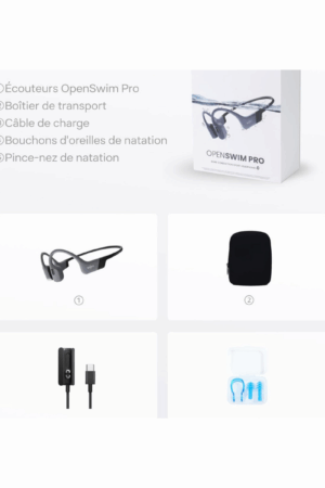 SHOKZ OpenSwim Pro – Casque à conduction osseuse étanche IP68 – Écouteurs sans fil avec micro, Bluetooth 5.4, charge sans fil, mémoire MP3 32 Go, autonomie 9 h – Spécial natation – Gris